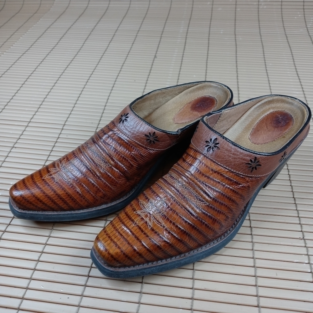 Ariat 'Desert Star' Women 7 B Western Leather Lizard Clog Mule Cognac Shoe 13397